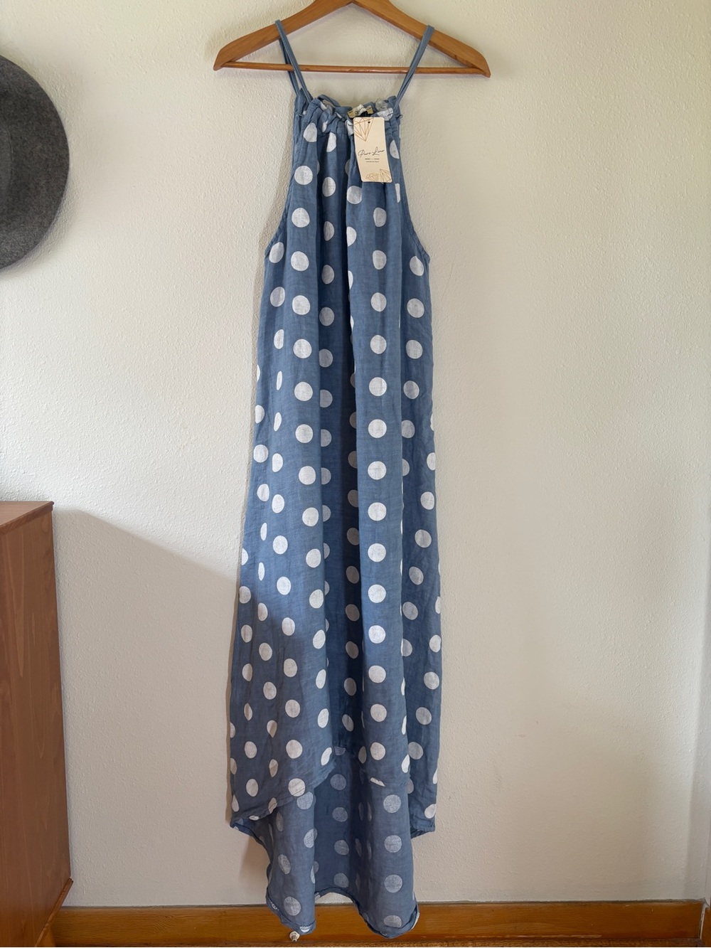Made In Italy Linen Polka Dot Halter Maxi Dress O/S Blue Hi-Low Coastal Euro - Picture 6 of 10